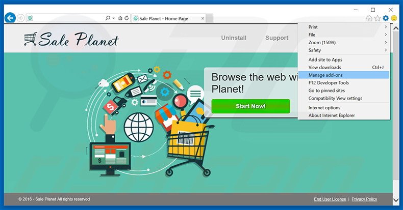 Removing Sale Planet ads from Internet Explorer step 1
