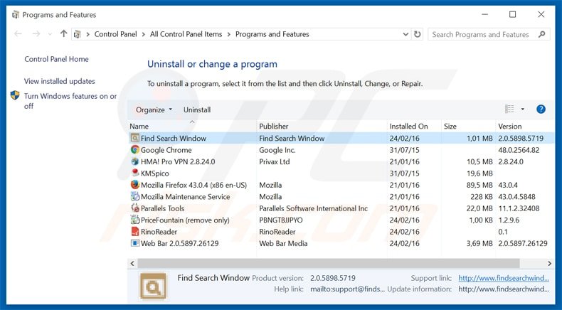 search window adware uninstall via Control Panel
