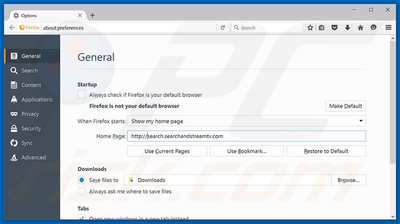 Removing search.searchandstreamtv.com from Mozilla Firefox homepage