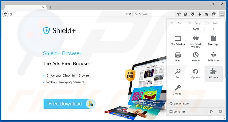 Removing Shield+ ads from Mozilla Firefox step 1