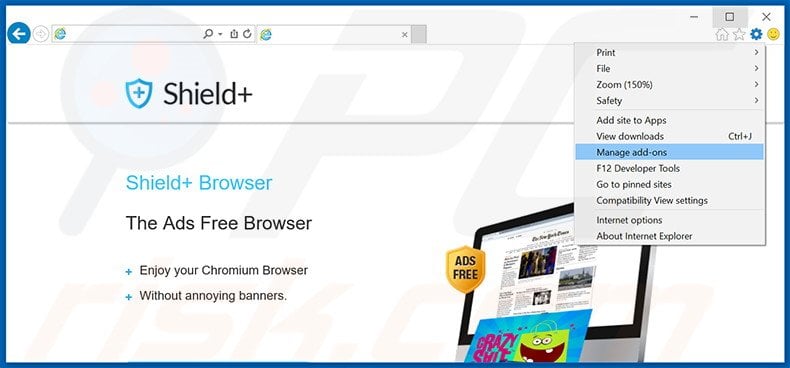 Removing Shield+ ads from Internet Explorer step 1