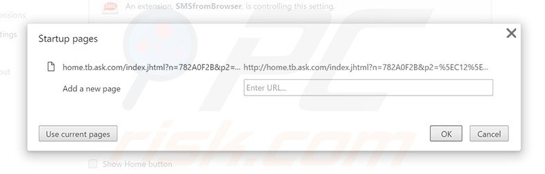 Removing SMSfromBrowser from Google Chrome homepage