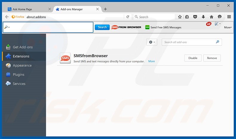 Removing SMSfromBrowser related Mozilla Firefox extensions