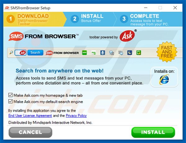 Official SMSfromBrowser browser hijacker installation setup