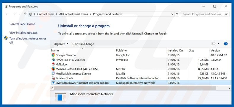 SMSfromBrowser browser hijacker uninstall via Control Panel