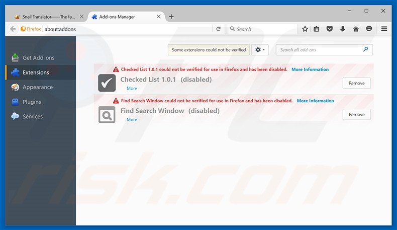 Removing Snail Translate ads from Mozilla Firefox step 2