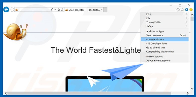 Removing Snail Translate ads from Internet Explorer step 1