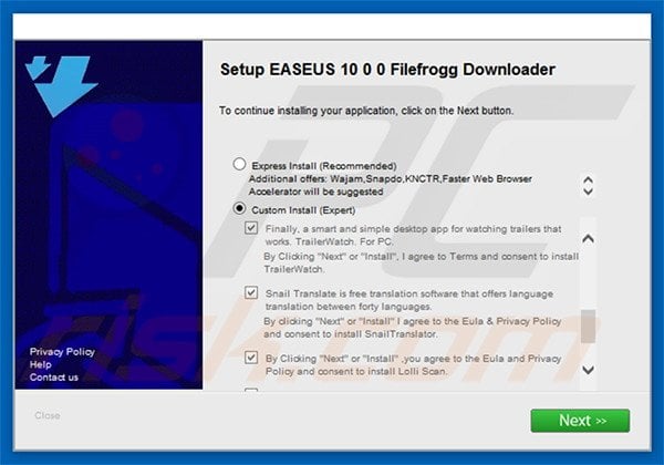 Delusive installer used to distribute Snail Translate adware