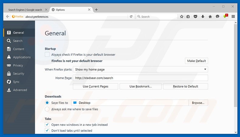 Removing stadsear.com from Mozilla Firefox homepage