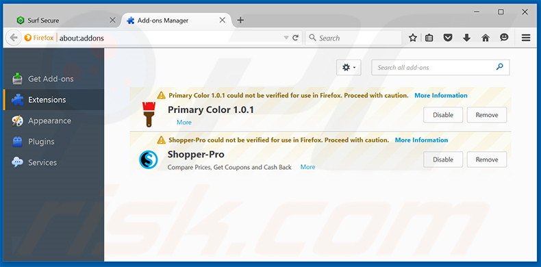 Removing Surf Secure ads from Mozilla Firefox step 2