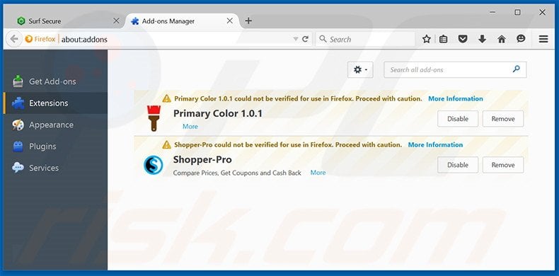 Removing Surf Secure ads from Mozilla Firefox step 2