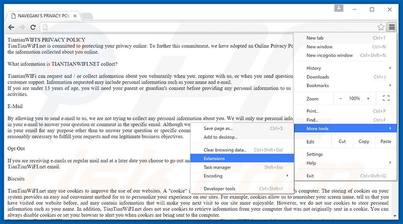 Removing TiantianWIFI  ads from Google Chrome step 1