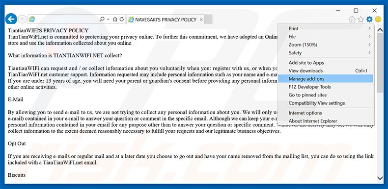 Removing TiantianWIFI ads from Internet Explorer step 1