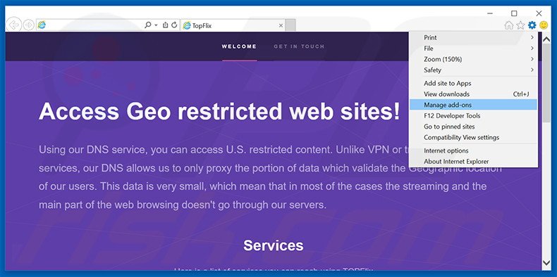 Removing TopFlix ads from Internet Explorer step 1