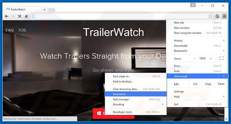 Removing TrailerWatch  ads from Google Chrome step 1