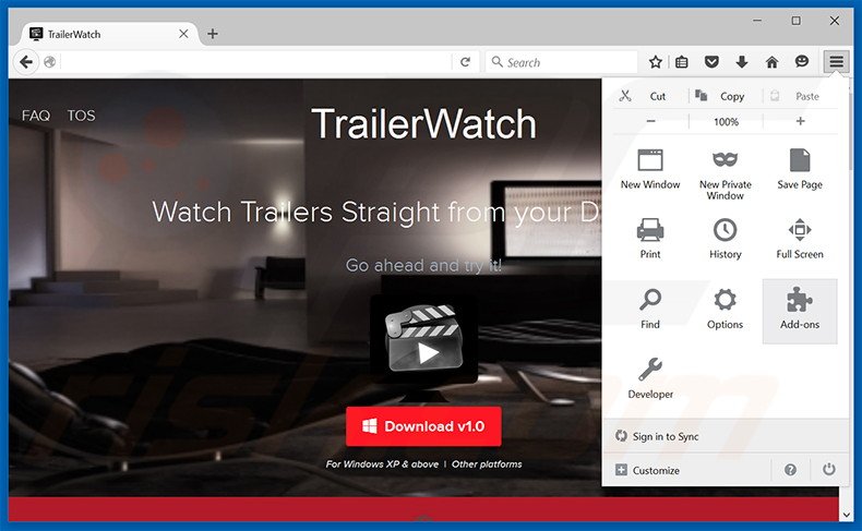 Removing TrailerWatch ads from Mozilla Firefox step 1