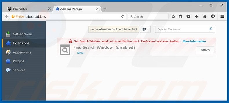 Removing TrailerWatch ads from Mozilla Firefox step 2