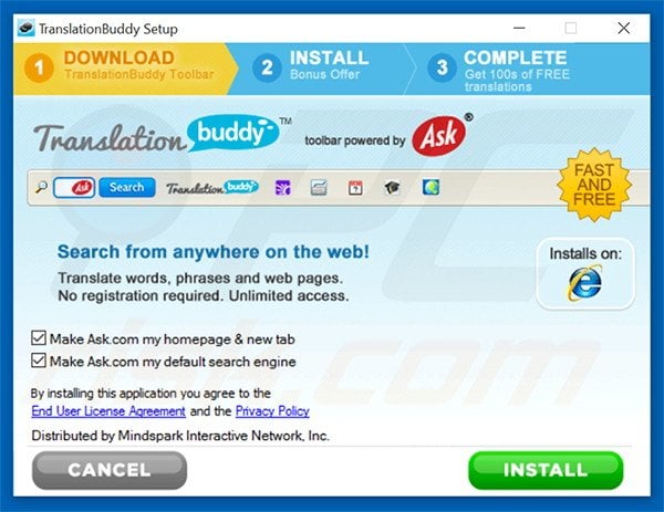 Official TranslationBuddy browser hijacker installation setup