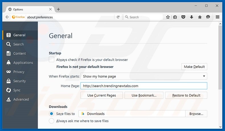 Removing search.trendingnewtabs.com from Mozilla Firefox homepage