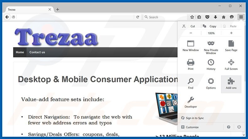 Removing Trezaa ads from Mozilla Firefox step 1