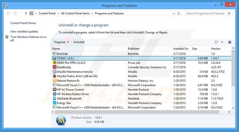 ttwifi adware uninstall via Control Panel