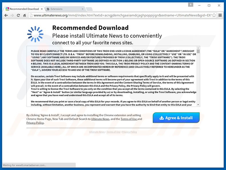 pop-up promoting Ultimate News browser hijacker