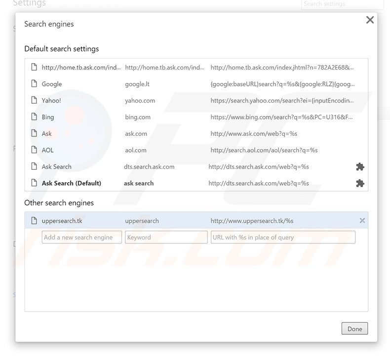 Removing uppersearch.tk from Google Chrome default search engine