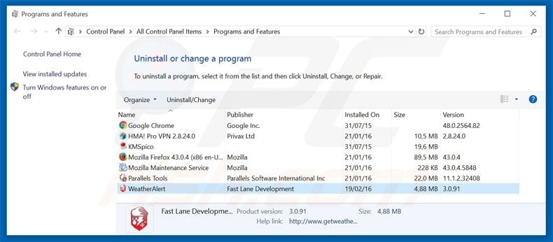 weatheralert alert adware uninstall via Control Panel
