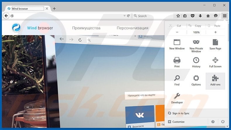 Removing Wind Browser ads from Mozilla Firefox step 1