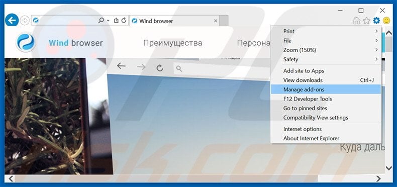 Removing Wind Browser ads from Internet Explorer step 1