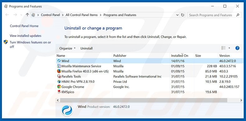 Wind Browser adware uninstall via Control Panel