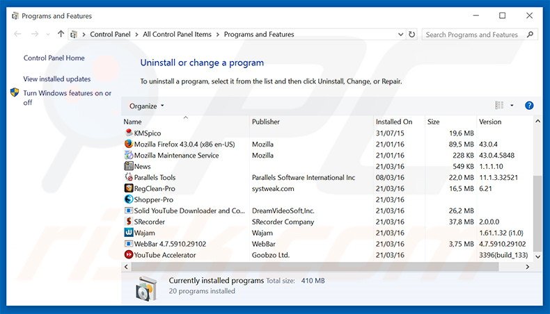 WindowPolicies adware uninstall via Control Panel