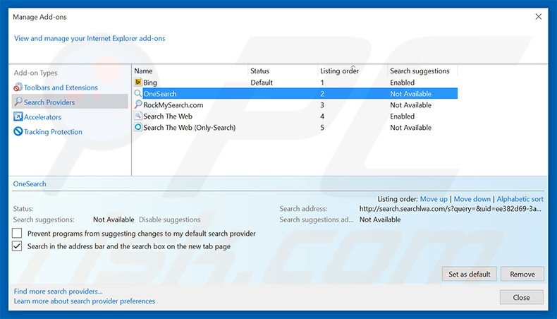 Removing search.searchlwa.com from Internet Explorer default search engine