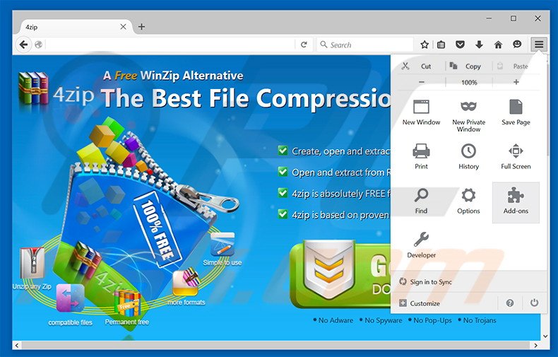 Removing 4zip ads from Mozilla Firefox step 1
