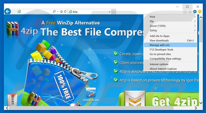 Removing 4zip ads from Internet Explorer step 1