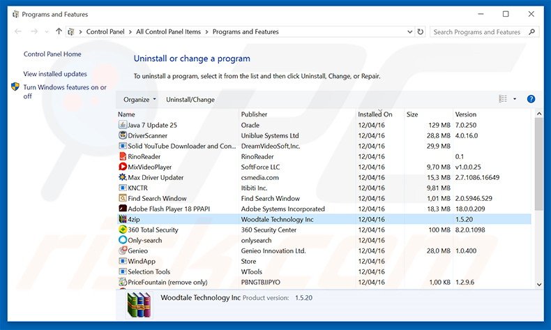 4zip adware uninstall via Control Panel