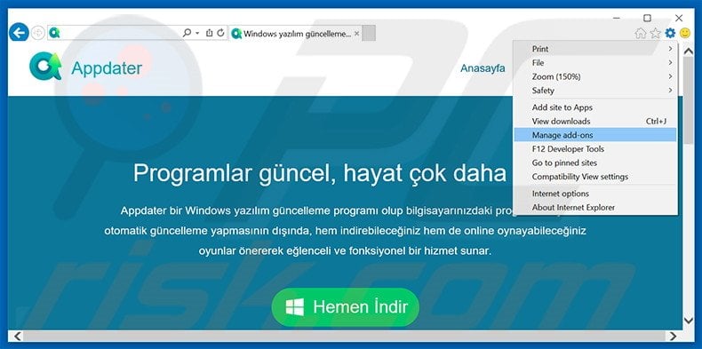 Removing Appdater ads from Internet Explorer step 1
