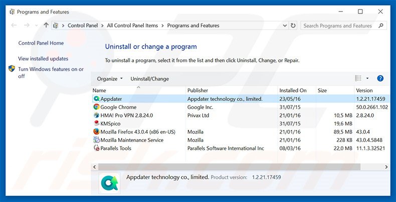 Appdater adware uninstall via Control Panel