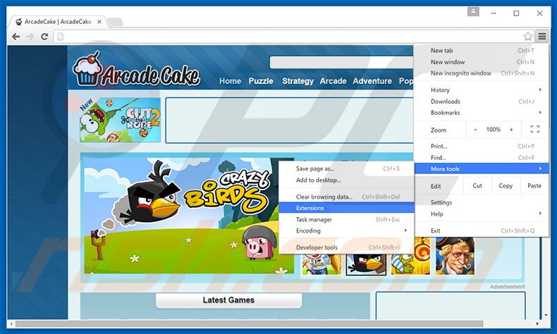 Removing ArcadeCake  ads from Google Chrome step 1