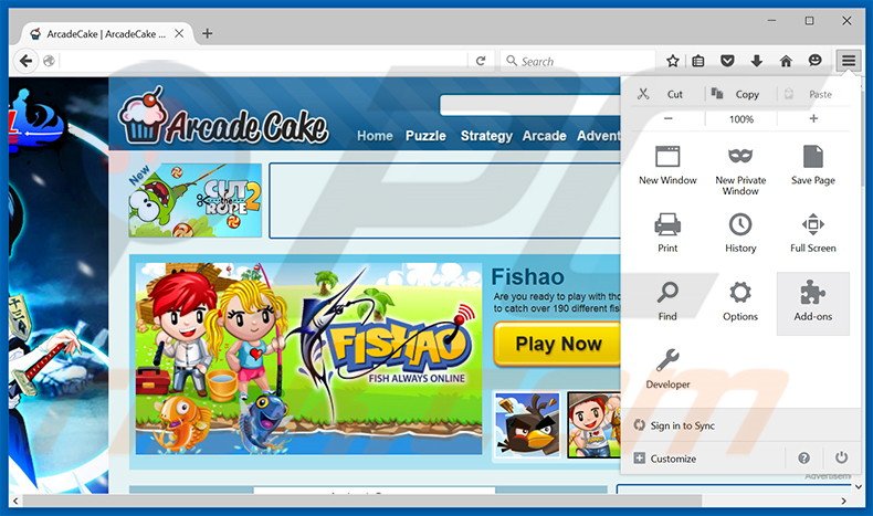Removing ArcadeCake ads from Mozilla Firefox step 1