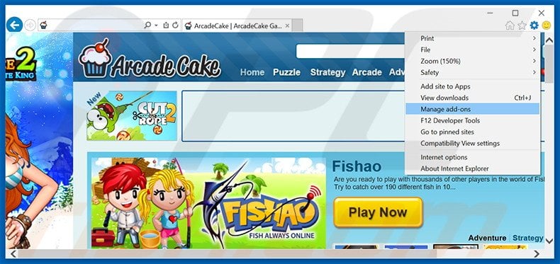 Removing ArcadeCake ads from Internet Explorer step 1