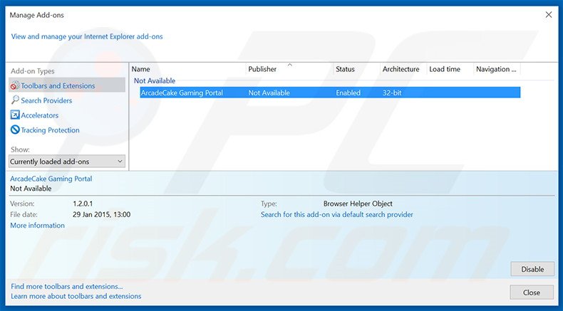 Removing ArcadeCake ads from Internet Explorer step 2