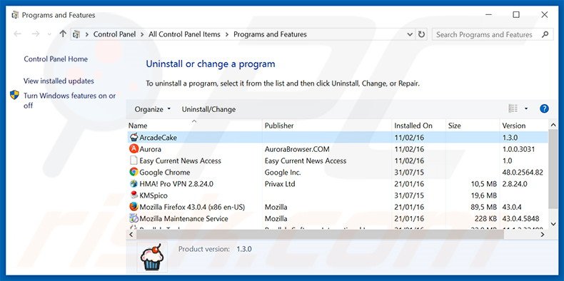 ArcadeCake adware uninstall via Control Panel