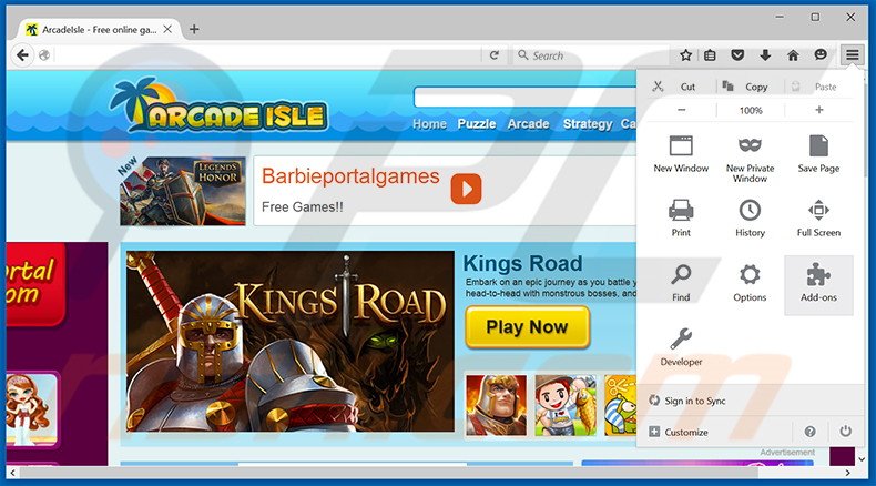 Removing ArcadeIsle ads from Mozilla Firefox step 1