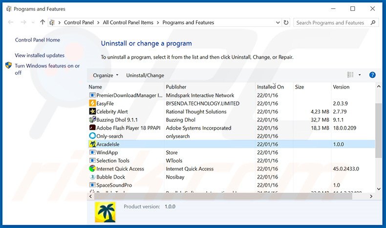 ArcadeIsle adware uninstall via Control Panel