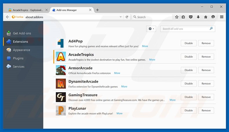 Removing ArcadeTropics ads from Mozilla Firefox step 2