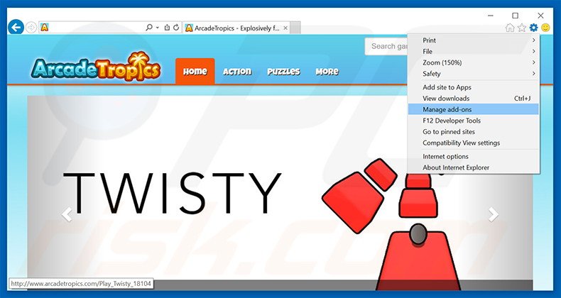 Removing ArcadeTropics ads from Internet Explorer step 1