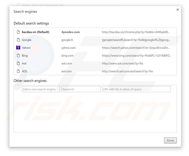 Removing bacdau.vn from Google Chrome default search engine