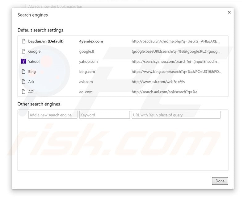 Removing bacdau.vn from Google Chrome default search engine