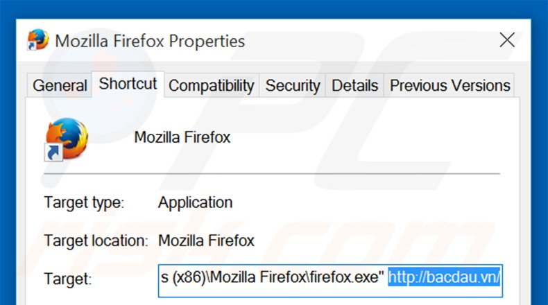 Removing bacdau.vn from Mozilla Firefox shortcut target step 2